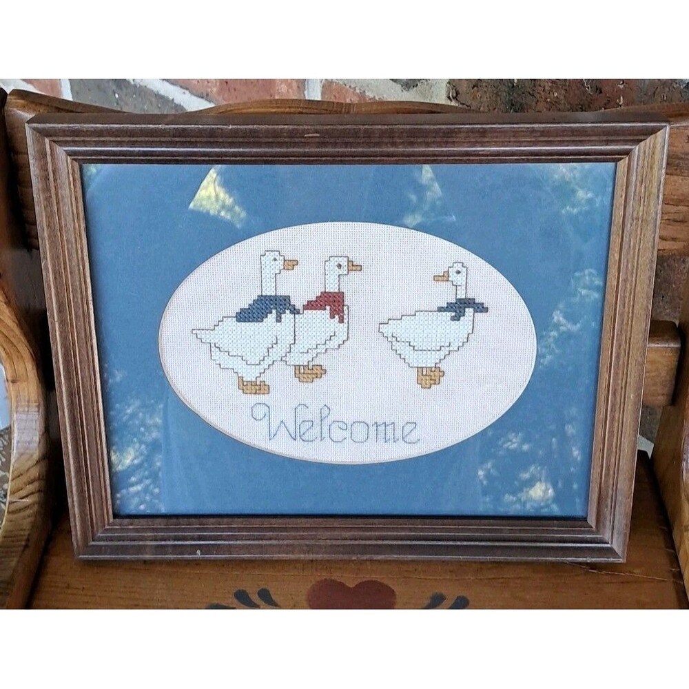 Vtg 80s Framed Matted 3 Duck W/Bows Welcome  8x10 Cross Stitch